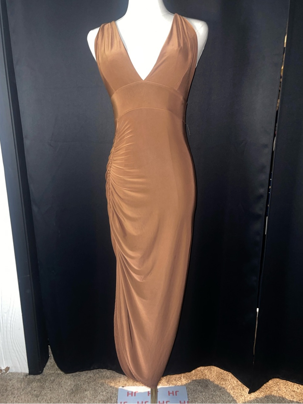 Sabora V-Neck Ruched Maxi Dress in Caramel Brown
